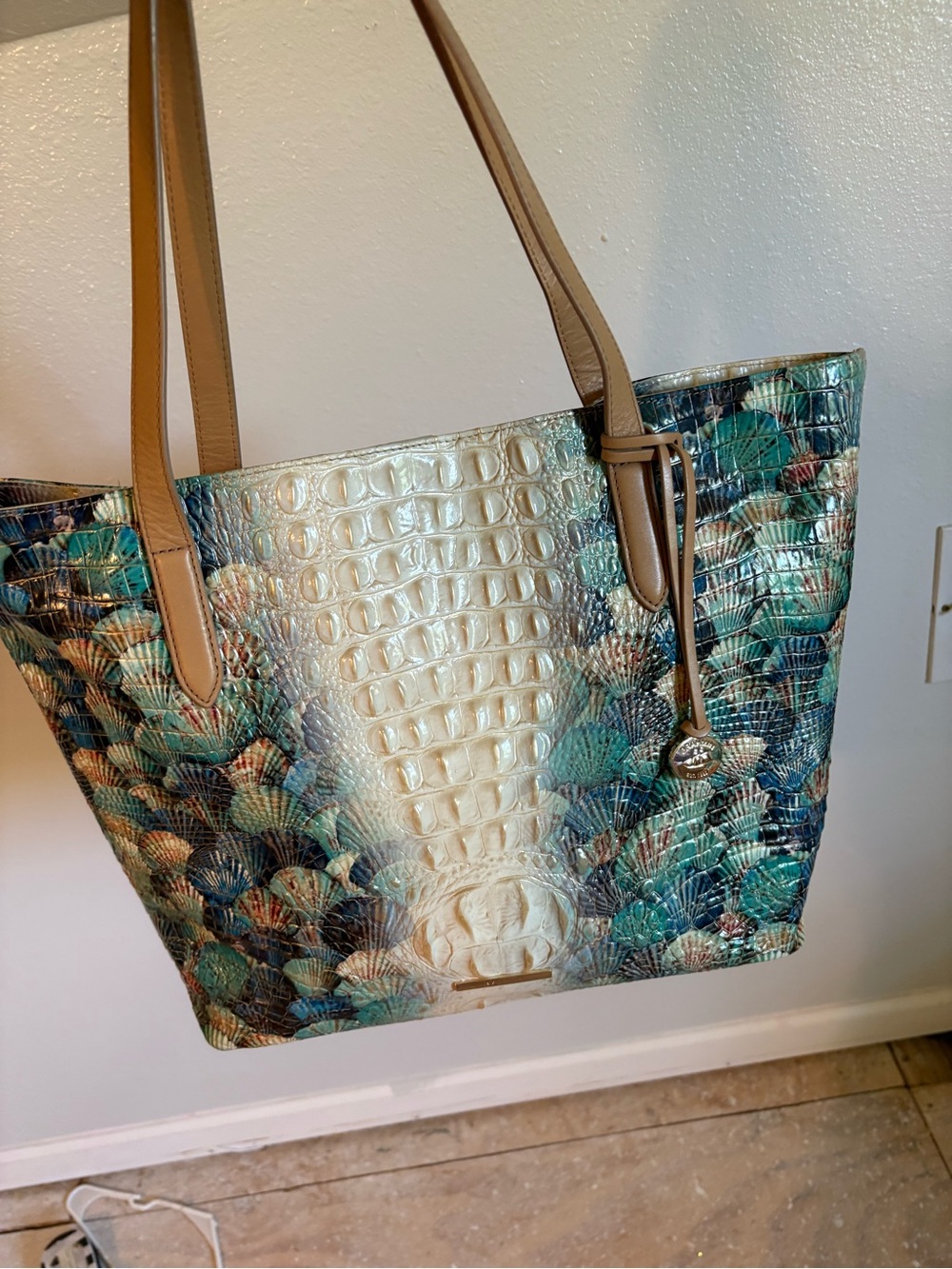 Brahmin Teal Shell-Print Croc-Embossed Tote with Tan Straps and Cream Center